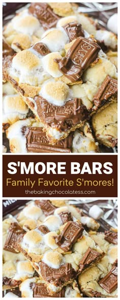 s'more bars with chocolate and marshmallows on top are stacked together