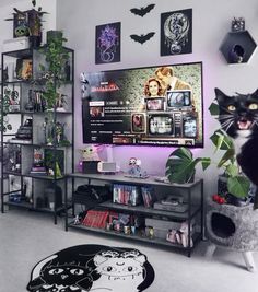 a black cat sitting on top of a shelf in front of a flat screen tv