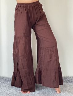 "Wide Leg Style Lady Pants with elastic waistband. Cotton/Rayon Blend Measurement: Waist: 30-40\" Hip: up to 46\" Length: 42\" Inseam: 28\" Ankle 34\" Shipping & Handling ❤️❤️❤️ Parcels will be ship via DHL Express ❤️❤️❤️❤️ Shipping : - All item will be shipped in 1 business days after receiving payment. We ship item via DHL Express. We use registered shipment for every product of ours. You can always track whereabouts it is and what happens to the item. We will always declare the package as Solid Color Wide Leg Pants For Vacation, Solid Wide Leg Pants For Vacation, Brown Trousers With Elastic Waistband, Full Length Rayon Pants With Elastic Waistband, High Waist Brown Cotton Wide Leg Pants, Vacation Wide Leg Pants With Elastic Waistband, Full Length Cotton Bottoms For Vacation, Full-length Rayon Bottoms With Elastic Waistband, Casual Full Length Rayon Bottoms