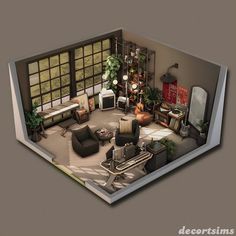 an image of a living room in the middle of it's floor plan with furniture and decor