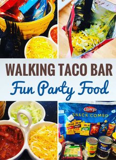 a collage of pictures showing various food items and the words walking taco bar fun party food