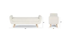 a white couch and chair with measurements for the back side, front end and footrests