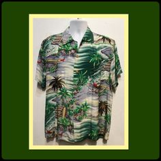 "Vintage 1950s rayon Hawaiian shirt Size large The rayon shirt has a pointed loop collar, five coconut button down front, two patch pockets and short sleeves. The shirt features images of a tropical landscape with images of a sandy beach and palm trees in shades of grays,black, greens, yellow and red. The label states Pali Hawaii style hand print size large. The shirt is in good vintage condition. Please note shirt is missing one button. MEASUREMENTS: (All measurements were taken lying flat) Sho Palm Tree Print Button-up Hawaiian Shirt For Beach, Button-up Hawaiian Shirt With Palm Tree Print For Beach, Beach Hawaiian Shirt With Palm Tree Print, Tropical Collared Camp Shirt With Palm Tree Print, Tropical Palm Tree Print Collared Camp Shirt, Tropical Button-up Short Sleeve Shirt For Beach, Tropical Short Sleeve Button-up Shirt For Beach, Collared Hawaiian Shirt With Palm Tree Print, Collared Hawaiian Shirt With Palm Tree Print For Vacation