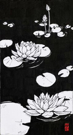 black and white painting of water lilies