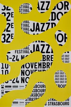 a yellow poster with black and white numbers on it's sides, including the words jazz