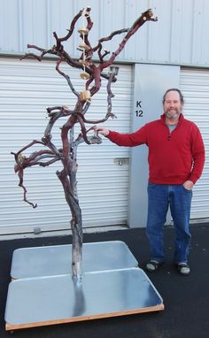 a man standing next to a metal tree