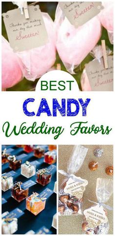 the best candy wedding favors are in this collage with pictures of candies and marshmallows