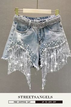 High Waist Slimming Sequined Fringed Ripped Denim Short Short Cuir, Celana Fashion, Summer Shorts Denim, Korean Streetwear, Sports Shorts Women, Oversized Jeans, Waist Beads, High Waisted Shorts Denim, Denim Shorts Women