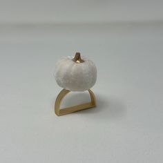 a miniature white pumpkin sitting on top of a wooden stand in front of a white background