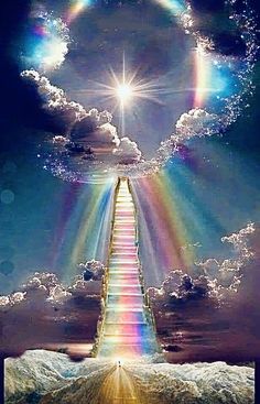 an image of a stairway leading to the sky with rainbows coming out of it