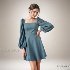 Lasaky - Blue Bubble Sleeve High-waisted Short Dress with Square Neckline Spring Mini Dresses, Dress With Square Neckline, Marine Uniform, High Waist Dress, Mini Dresses For Women, Party Dresses For Women, Waist Dress, Types Of Skirts, Mini Dress Party