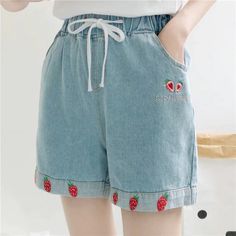 Cute Strawberry Embroidery Denim Shorts Jeans ��– Nada Outfit Land Cute Summer Cotton Jeans, Cute Cotton Jeans For Summer, Cute Short Summer Jeans, Cute Denim Blue Cotton Shorts, Cute Cotton Bottoms With Pockets, Cute High Waist Cotton Jean Shorts, Embroidered Denim Blue Casual Bottoms, Casual Embroidered Denim Blue Bottoms, Cute Cotton Jean Shorts