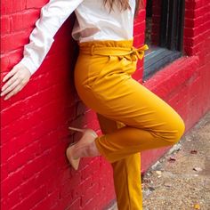 Mustard Belted Pants. Please Note That When You Receive It, The Tag Will Have The Uk Size On It. Order Your Us Size Chic Yellow Bottoms For Work, Chic Mustard Bottoms For Spring, Yellow Bottoms For Day Out In Fall, High Waist Yellow Pants For Fall, High Waist Yellow Bottoms For Fall, High Waist Yellow Pants For Work, Chic Yellow Bottoms For Workwear, Trendy Yellow Bottoms For Work, Yellow Pants For Fall Workwear