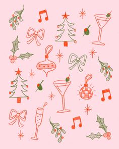 a pink background with christmas themed items on it