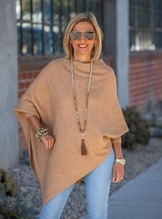 Camel Pull On Poncho With Sleeves - Just Style LA Cute Winter Fits, Poncho With Sleeves, Poncho Outfit, Beautiful Fabrics, Ladies Poncho, Poncho Pattern, Clothing Outfits, Crochet Clothing, Just Style