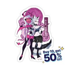 a sticker with an image of a cat and dog holding a pink object in it's hand