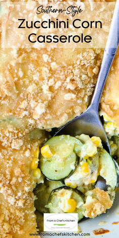 Serving spoon scooping up Zucchini Corn Casserole from white baking dish. Squash Corn Casserole, Zucchini Corn Casserole, Zucchini Chicken, Zucchini Casserole Recipes, Yellow Squash Recipes, Summer Squash Recipes, Squash Casserole Recipes, Veggie Casserole, Zucchini Squash