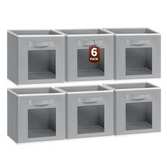 six grey storage boxes with the number 6 on each side