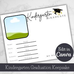 🎓🖐️ Celebrate Your Little Graduate with a Personal Touch! 🖐️🎓 Capture the joy and pride of your child's first big academic milestone with our Kindergarten Graduation 8x10 Handprint Keepsake. This heartwarming, editable template available in Canva allows you to create a one-of-a-kind commemoration that is as unique as your little scholar. Crafted with love and attention to detail, this digital keepsake ensures that the memories of their kindergarten graduation are preserved forever in a charm Pre K Graduation Gifts, Graduation Preschool, Graduation Designs, Graduation Keepsake, Handprint Keepsake, Pre K Graduation, Preschool Graduation, Happy Graduation, Kindergarten Graduation