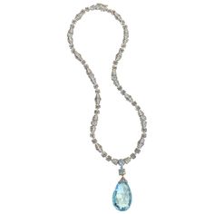 Aquamarine and Diamond Necklace Briolette aquamarine approximate weight: 40 cts 18K white gold Measurements: 16" long Blue Diamond Cut Platinum Necklace, Luxury Aquamarine Necklace For Formal Occasions, Luxury Aquamarine Pendant Necklace, Luxury White Gold Blue Topaz Necklace, Formal Silver Aquamarine Necklace, Formal Blue Topaz Drop Necklace, Luxury Aquamarine Gemstone Necklaces, Luxury Aquamarine Gemstone Necklace, Luxury Aquamarine Necklace For Anniversary