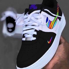 Trendy Black Sports Sneakers, Multicolor Nike Air Force 1 For Streetwear, Rainbow Low-top Sneakers For Streetwear, Rainbow Low-top Custom Sneakers For Streetwear, Sporty Multicolor Nike Air Force 1 With Branded Insole, Trendy Air Max Cushioned Sneakers For Streetwear, Sporty Rainbow Lace-up Sneakers, Rainbow Custom Sneakers For Streetwear, Casual Multicolor Nike Air Force 1 For Streetwear