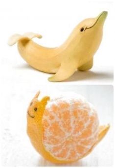 there are two pictures of an orange and a banana, each with a different shape