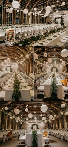 the inside of a building with tables and chairs set up for a wedding reception in white linens