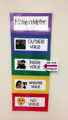 a bulletin board with words and pictures on it that read noise or meter outside voice inside voice