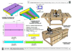 the plans for a workbench are shown in purple and green, with different tools on