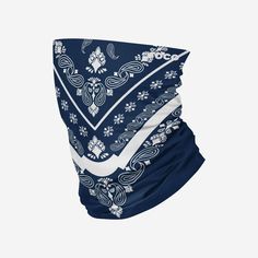 a blue bandana with white flowers and swirls on the front, against a white background