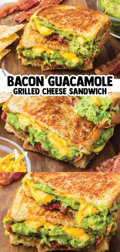 the bacon guacamole grilled cheese sandwich is cut in half and ready to be eaten