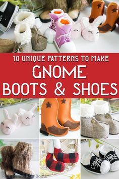 the cover of 10 unique patterns to make gnome boots and shoes for kids with text overlay