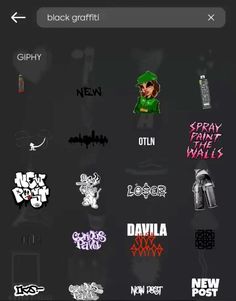 an iphone screen with various stickers on the back and side of it, including black graffiti