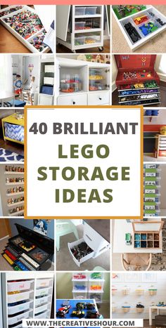 the words brilliant lego storage ideas are shown above pictures of various toys and drawers in different sizes