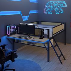 a desk with a computer on top of it in front of a neon bear wall