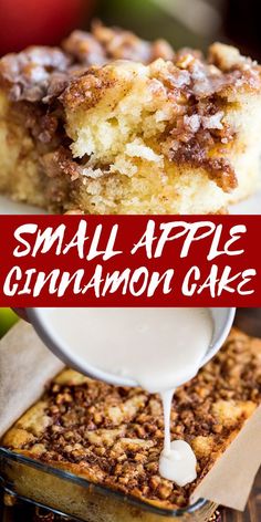 small apple cinnamon cake is being drizzled with icing