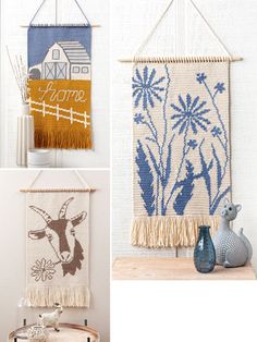 four different pictures of wall hangings with animals and flowers on them, one is made from woven material