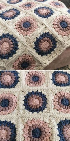 crocheted granny blanket with blue, pink and white squares on top of it