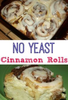 cinnamon rolls with icing on top in a green plate