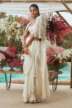 Shop for Ridhima Bhasin White Chiffon Pre-draped Saree With Embroidered Jacket for Women Online at Aza Fashions Saree With Jacket, Pant Saree, Ridhima Bhasin, Chiffon Embroidery, Saree Jackets, Pleated Saree, Bridal Sari, Reception Bride, Draped Saree