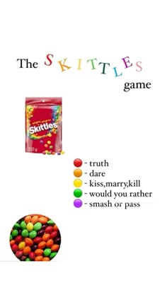 the skittles game is shown with four different colors and candy bars on it