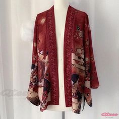 Qteee - Exquisite Vintage Anime Print Kimono Cardigan - Stylish Outerwear Casual Patchwork Kimono For Fall, Red Printed Kimono For Fall, Casual Long Sleeve Kimono For Fall, Casual Long Floral Print Cardigan, Long Casual Cardigan With Floral Print, Casual Printed Long Sleeve Cardigan, Casual Long Sleeve Printed Cardigan, Printed One-size Kimono For Fall, Casual Printed Kimono For Fall