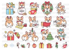 christmas corgis with gifts and presents on it's side, including the words merry