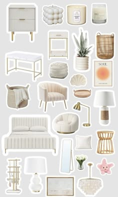 an assortment of white furniture and lamps