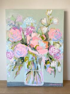 a painting of pink and blue flowers in a vase