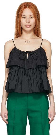 RED Valentino: Black Polyester Tank Top | SSENSE Valentino Black, Red Valentino, Cami Tanks, Cotton Linen, Shoulder Straps, Apparel Accessories, Camisole Top, Scoop Neck, Open Shoulder Tops