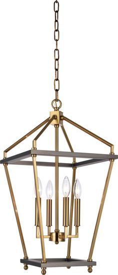 a brass chandelier with four lights hanging from the bottom and one light on top