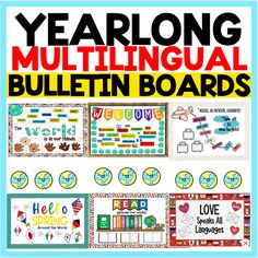 the year long multilingual bulletin board is shown with pictures and words on it