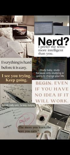 a collage of different types of papers and laptops with the words nerd on them