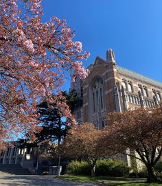 the building is surrounded by trees with pink flowers on it's branches and blue sky in the background